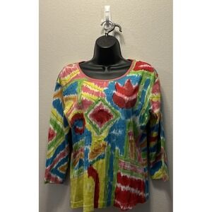 Keren Hart Top Womens M Multicolor Floral Stretch 3/4 Sleeve Gold Sequence Accen